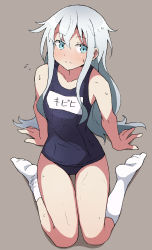 Rule 34 | 1girl, blue eyes, blue one-piece swimsuit, flat chest, full body, grey background, hibiki (kancolle), highres, kantai collection, long hair, name tag, nel-c, one-piece swimsuit, school swimsuit, silver hair, simple background, sitting, socks, solo, sweat, swimsuit, thigh gap, wariza, white socks