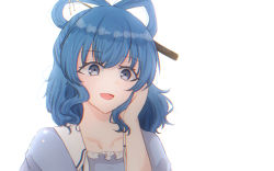 Rule 34 | 1girl, :d, blue dress, blue eyes, blue hair, chromatic aberration, collarbone, commentary request, dress, hair ornament, hair rings, hair stick, hand in own hair, kaku seiga, medium hair, open mouth, pipita, simple background, smile, solo, touhou, upper body, wavy hair, white background