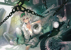 Rule 34 | 1girl, barefoot, blue eyes, breasts, chain, cleavage, collarbone, grey hair, hamster, head-mounted display, long hair, motor vehicle, motorcycle, mouth hold, navel, original, sasurai susuki, sitting, sleeves rolled up, solo, unzipped, vehicle