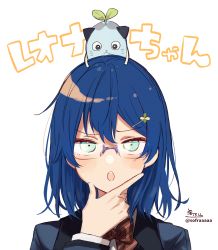 Rule 34 | 1girl, black jacket, blazer, blue eyes, blue hair, blush, bow, brown bow, diagonal-striped bow, genderswap, genderswap (mtf), glasses, hair ornament, hairclip, hand on own chin, hand up, highres, jacket, leos vincent, long sleeves, mameneko (leos vincent), nijisanji, open mouth, school uniform, shirt, signature, simple background, sofra, solo, striped, teeth, translation request, twitter username, upper body, upper teeth only, virtual youtuber, white background, white shirt