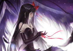 Rule 34 | 1girl, aimeeee17, akemi homura, akuma homura, bare shoulders, black dress, black feathers, black gloves, black hair, bow, breasts, closed mouth, detached collar, dress, elbow gloves, feathered wings, feathers, from side, gloves, hair bow, hair ribbon, hairband, light particles, long hair, looking at hand, looking away, looking down, mahou shoujo madoka magica, mahou shoujo madoka magica: hangyaku no monogatari, medium breasts, purple background, purple eyes, red bow, red ribbon, ribbon, unworn ribbon, sad, sky, solo, star (sky), starry sky, strapless, strapless dress, upper body, very long hair, wind, wings