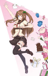Rule 34 | .live, 1girl, absurdres, arm up, belt, blue eyes, blush, breasts, brown hair, cake, chibi, commentary request, dated, food, gift, happy birthday, hat, highres, kakyouin chieri, large breasts, leg up, looking at viewer, one eye closed, open mouth, pantyhose, thighhighs, trash can, virtual youtuber, voizerick