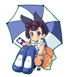 Rule 34 | 1girl, animal ears, bandeau, black hair, black shorts, blue footwear, blue outline, blush, boots, brown eyes, checkered footwear, closed mouth, collarbone, eyewear on head, fox ears, fox girl, fox tail, full body, high heel boots, high heels, holding, holding umbrella, jacket, kitsune, knees up, kukuri (mawaru), mawaru (mawaru), open clothes, open jacket, original, outline, race queen, red-framed eyewear, short eyebrows, short hair, short shorts, shorts, simple background, sitting, sleeveless, sleeveless jacket, smile, solo, sunglasses, tail, thick eyebrows, thigh boots, umbrella, white background, white bandeau