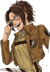 Rule 34 | 1other, :d, adjusting eyewear, blood, blood on face, brown eyes, brown hair, brown jacket, chest belt, collared jacket, crazy smile, cropped jacket, emblem, from side, glasses, hand up, hange zoe, highres, index finger raised, jacket, looking at viewer, looking to the side, ma2 ereki, open clothes, open jacket, open mouth, parted bangs, ponytail, romaji commentary, shingeki no kyojin, shirt, simple background, smile, solo, upper body, white background, yellow shirt