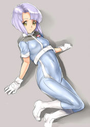 Rule 34 | 1girl, bad id, bad pixiv id, bob cut, bodysuit, boots, catty, cropped jacket, dodai shouji, gall force, gloves, gradient background, purple hair, solo, white gloves, yellow eyes