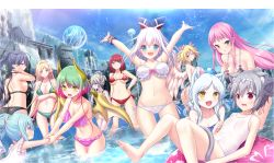 Rule 34 | 6+girls, :d, amayui labyrinth meister, anberu loki, angel wings, animal ear fluff, animal ears, armpits, arms up, bikini, black bikini, black hair, blonde hair, blue bikini, blue eyes, blue sky, blunt bangs, bow, breasts, cat ears, cat tail, cleavage, cloud, collarbone, day, dragon horns, dragon wings, elf, feathered wings, floating hair, game cg, gradient hair, green bikini, green eyes, green hair, hair bun, halterneck, highres, horns, innertube, iol (amayui labyrinth meister), katlit (amayui labyrinth meister), kisnil kagri, kuna (amayui labyrinth meister), large breasts, lishenntser lauros, long hair, looking at viewer, luce (amayui labyrinth meister), micheju (amayui labyrinth meister), mikschana (amayui labyrinth meister), multicolored hair, multiple girls, navel, open mouth, outdoors, parted bangs, pink bikini, pink bow, pink hair, pointy ears, polka dot, polka dot bikini, ponytail, red eyes, red hair, red ribbon, ribbon, roselyne fran, short hair, side-tie bikini bottom, silver hair, single hair bun, single hair intake, sky, small breasts, smile, straight hair, striped bikini, striped clothes, sunlight, sweatdrop, swim ring, swimsuit, tail, underboob, very long hair, wading, wavy mouth, white bikini, white ribbon, white wings, wings, yellow eyes, yellow wings