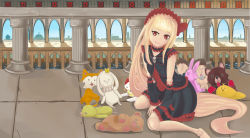 Rule 34 | 1girl, black dress, dress, duel masters, frills, h sketch one punch, jeny (duel masters), long hair, pillar, red eyes, river, sitting, skull ornament, solo, stuffed toy, tiles, very long hair, wariza