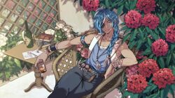 Rule 34 | 1boy, alcohol, antenna hair, armlet, artist name, bead bracelet, beads, belt, belt buckle, black pants, blue eyes, blue hair, blue ribbon, blue shirt, book, book stack, bottle, bracelet, braid, brown belt, buckle, bush, chair, collarbone, commentary, crossed legs, cup, dagger, dark-skinned male, dark skin, earrings, english commentary, envelope, eyepatch, feather earrings, feather hair ornament, feather necklace, feathers, flower, genshin impact, hair ornament, hair over shoulder, holding, holding cup, ice, ice cube, jewelry, kaeya (genshin impact), knife, lapels, lattice, letter, long hair, looking at viewer, lucylee158, male focus, multicolored hair, necklace, on chair, one eye covered, open clothes, open mouth, open vest, pants, paper, parted bangs, pectoral cleavage, pectorals, red flower, ribbon, shirt, sidelocks, signature, single braid, single earring, sitting, sleeveless, sleeveless shirt, smile, solo, streaked hair, table, vest, weapon, white flower, white vest, wicker furniture