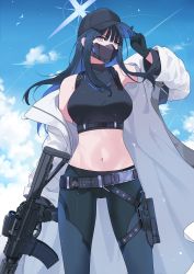 Rule 34 | 1girl, absurdres, assault rifle, belt, black belt, black gloves, black hair, black hat, black mask, black pants, blue archive, blue sky, cloud, day, gloves, grey eyes, gun, halo, hat, highres, holding, holding gun, holding weapon, jacket, long hair, looking at viewer, mask, midriff, mush (mushlicious), navel, outdoors, pants, rifle, saori (blue archive), sig 516, sky, solo, standing, weapon, white jacket