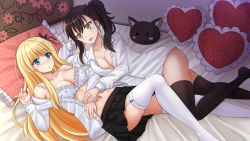 Rule 34 | 2girls, :d, animal ear fluff, bed, black hair, black legwear, black skirt, blonde hair, blue eyes, blush, bottomless, bow, bow bra, bra, breasts, cat-shaped pillow, cleavage, collarbone, collared shirt, commentary, commission, dress shirt, fang, female focus, floral print, frilled pillow, frilled sleeves, frills, hair ornament, hand up, heart, heart-shaped pillow, highres, juliet persia, kazenokaze, kishuku gakkou no juliet, komai hasuki, long hair, long sleeves, lying, medium breasts, multiple girls, naked shirt, navel, no bra, no pants, no shoes, nose blush, on back, on bed, on side, open mouth, parted lips, pillow, pleated skirt, print bra, shirt, side ponytail, sidelocks, skirt, smile, thighhighs, underwear, very long hair, white bra, white legwear, white shirt, yuri