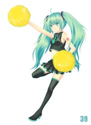 Rule 34 | 1girl, :3, ahoge, bad id, bad pixiv id, boots, cheerleader, female focus, full body, green eyes, green hair, hatsune miku, high heels, long hair, matching hair/eyes, midriff, navel, necktie, pom pom (cheerleading), poonosuke, shoes, simple background, skirt, solo, thigh boots, thighhighs, twintails, very long hair, vocaloid, white background