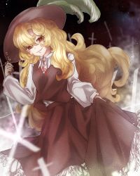 Rule 34 | 1girl, blonde hair, breasts, brown hat, brown skirt, brown vest, collared shirt, commentary request, cross, curly hair, dutch angle, eyelashes, frilled hat, frills, gem, grin, hat, hat feather, highres, holding, holding cross, jacket girl (dipp), long hair, long sleeves, neck ribbon, red eyes, red ribbon, ribbon, sakihanaaa, shirt, skirt, skirt hold, skirt set, small breasts, smile, solo, touhou, vest, wavy hair, white shirt