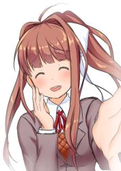 Rule 34 | 1girl, :d, ^ ^, ahoge, blazer, blunt bangs, blush, bow, breasts, brown hair, closed eyes, collateral damage studios, commentary, doki doki literature club, facing viewer, foreshortening, hair bow, hand on own cheek, hand on own face, high ponytail, jacket, long sleeves, monika (doki doki literature club), neck ribbon, open mouth, outstretched arm, ribbon, school uniform, shirt, smile, solo, teeth, upper body, white bow, white shirt, wing collar