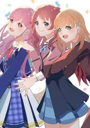 3girls :d absurdres aikatsu!_(series) aikatsu_academy! bandai_namco blue_dress blue_eyes blue_jacket blue_ribbon blue_skirt braid brown_dress brown_hair closed_mouth collared_shirt commentary company_connection cowboy_shot cropped_jacket crossed_bangs crossover crown_braid dress dress_shirt fujiwaland gakuen_idolmaster green_eyes hair_ornament hair_rings hanami_saki hasu_no_sora_school_uniform hatsuboshi_gakuen_school_uniform highres himeno_mieru hinoshita_kaho idolmaster jacket link!_like!_love_live! long_braid long_sleeves looking_at_viewer love_live! medium_hair multiple_girls neck_ribbon neckerchief open_mouth orange_hair overskirt pink_hair pink_jacket plaid_clothes plaid_dress pleated_skirt rabbit_hair_ornament red_neckerchief red_ribbon ribbon sailor_collar sailor_dress school_uniform shirt skirt smile teeth two_side_up upper_teeth_only v-shaped_eyebrows white_background white_sailor_collar white_shirt winter_uniform