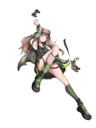 Rule 34 | 1girl, black choker, black dress, black footwear, breasts, brown hair, camouflage, camouflage jacket, choker, closed mouth, controller, double bun, dress, full body, fur-trimmed jacket, fur trim, game controller, girls&#039; frontline, green eyes, hair bun, jacket, jewelry, lezard18, long hair, looking at viewer, medium breasts, necklace, open clothes, open jacket, rfb (girls&#039; frontline), shoes, smile, socks, solo, striped clothes, striped socks, toy, vertical-striped clothes, vertical-striped socks, white background