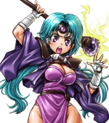 Rule 34 | 1girl, amania orz, blue hair, blush, breasts, circlet, cleavage, fingerless gloves, gloves, haou taikei ryuu knight, large breasts, long hair, looking at viewer, low twintails, open mouth, paffy pafuricia, panties, purple eyes, simple background, solo, staff, twintails, underwear, very long hair, white background