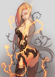 Rule 34 | 1girl, arched back, ass, bare shoulders, boots, breasts, butt crack, finger to mouth, flower, league of legends, long hair, looking at viewer, matching hair/eyes, orange eyes, orange hair, parted lips, racoona, sideboob, solo, thigh boots, thighhighs, wildfire zyra, zyra