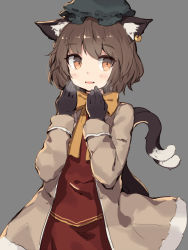 Rule 34 | 1girl, animal ear fluff, animal ears, black gloves, blush, bow, bowtie, breath, cat ears, cat tail, chen, coat, earrings, fang, gloves, grey background, hat, highres, jewelry, mob cap, multiple tails, nekomata, open mouth, shone, short hair, simple background, single earring, solo, tail, touhou, two tails