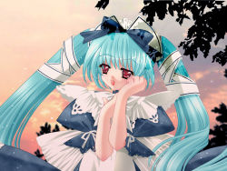 Rule 34 | aqua hair, bow, maid, red eyes, sky, solo, tagme, twintails