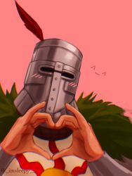 Rule 34 | 1boy, ^ ^, blush visible through clothes, cape, closed eyes, dark souls (series), dark souls i, emoticon, fur cape, hands up, heart, heart hands, helmet, highres, male focus, pink background, pinky out, plume, simple background, sleepysolaire, solaire of astora, solo, tabard, twitter username, upper body