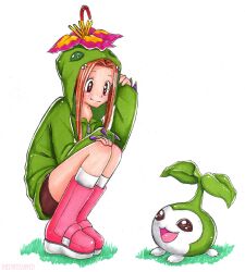 Rule 34 | brown eyes, brown hair, cosplay, digimon, digimon (creature), highres, long hair, looking at another, palmon, palmon (cosplay), tachikawa mimi, tanemon