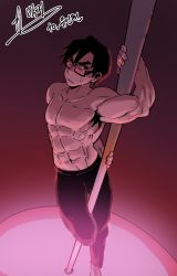 Rule 34 | 1boy, abs, black hair, clenched teeth, dutch angle, from above, glasses, gradient hair, groin, highres, kim jaehun, looking at viewer, male focus, multicolored hair, no nipples, parkgee, pole, signature, solo, stripper pole, suicide boy, sweatdrop, teeth, topless male