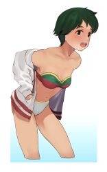 Rule 34 | 1girl, bikini, black eyes, breasts, collarbone, gradient background, green eyes, highres, jacket, kantai collection, leaning forward, mismatched bikini, mogami (kancolle), official alternate costume, open mouth, small breasts, strapless, strapless bikini, swimsuit, teeth, tooku nomura (artist), upper teeth only, wading, water, white background, white jacket