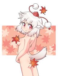 Rule 34 | 1girl, :3, animal ears, arms at sides, ass, autumn leaves, blush, breasts, censored, censored nipples, closed mouth, convenient censoring, cowboy shot, ears down, eyebrows, eyelashes, falling leaves, from behind, hat, highres, inubashiri momiji, leaf, leaf background, leaf censor, looking back, medium breasts, nude, pom pom (clothes), red eyes, red hat, short hair, silver hair, smile, solo, standing, tail, tareme, thick eyebrows, tokin hat, touhou, unachika, wolf ears, wolf tail