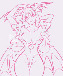 Rule 34 | 1girl, armpits, arms behind head, bat wings, breasts, capcom, cleavage, curvy, demon girl, fingerless gloves, gloves, highres, large breasts, legs, leotard, long hair, looking at viewer, monochrome, morrigan aensland, smile, solo, thick thighs, thighs, vampire (game), wide hips, wings