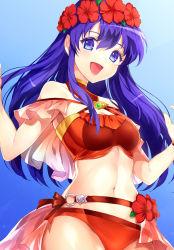 Rule 34 | 1girl, :d, bare shoulders, bikini, blue background, blue eyes, blue hair, blue sky, breasts, cleavage cutout, clothing cutout, cowboy shot, day, fire emblem, fire emblem: the binding blade, fire emblem heroes, flower, frills, gradient background, head wreath, jurge, lilina (fire emblem), lilina (summer) (fire emblem), long hair, navel, nintendo, o-ring, open mouth, outdoors, red bikini, red flower, simple background, sky, small breasts, smile, solo, stomach, swimsuit, w arms, waist cape