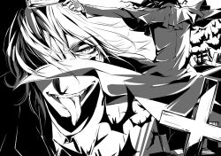 Rule 34 | 1boy, alucard (hellsing), back, bakusyuu, bat (animal), coat, cross, fangs, gloves, greyscale, gun, hair over one eye, hellsing, insignia, looking at viewer, male focus, monochrome, open mouth, overcoat, slit pupils, smile, solo, teeth, tongue, tongue out, vampire, weapon