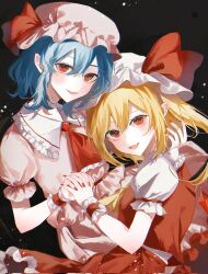 Rule 34 | 2girls, black background, blonde hair, blue hair, flandre scarlet, hat, highres, holding hands, looking at viewer, mob cap, multiple girls, pink headwear, red eyes, red nails, red shirt, red skirt, remilia scarlet, shirt, skirt, smile, touhou, uzmee, white headwear, white shirt, white skirt
