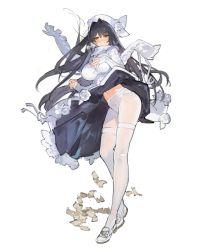 Rule 34 | 1girl, black hair, blush, breasts, breath, closed mouth, commentary request, dress, flats, floating hair, full body, hair intakes, hat, large breasts, long hair, looking at viewer, navel, original, pantyhose, scarf, simple background, smile, solo, starshadowmagician, thighband pantyhose, white background, white dress, white footwear, white hat, white pantyhose, white scarf, wind, wind lift
