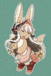 Rule 34 | 1girl, absurdres, bad id, bad twitter id, full body, furry, furry female, green background, highres, kawasemi27, made in abyss, nanachi (made in abyss), rabbit, simple background, solo, whiskers, white hair