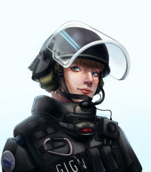 Rule 34 | 1girl, alternate costume, apex legends, artist name, blonde hair, blue eyes, commentary, commission, english commentary, facial scar, gign, headset, helmet, highres, looking to the side, maseo, portrait, scar, scar on cheek, scar on face, short hair, smile, solo, tactical clothes, wattson (apex legends)
