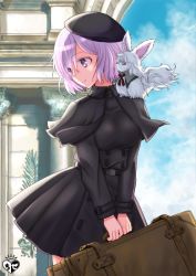 Rule 34 | 1girl, beret, black capelet, black dress, black headwear, blush, capelet, chize, closed mouth, commentary request, creature, dress, fate/grand order, fate (series), fou (fate), hair between eyes, hat, holding, indoors, long sleeves, looking away, looking to the side, mash kyrielight, mash kyrielight (traveling outfit), mash kyrielight (traveling outfit) (fate), official alternate costume, on shoulder, purple eyes, purple hair, short hair, smile, standing, suitcase, tilted headwear
