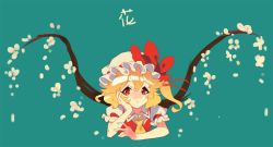 Rule 34 | 1girl, bad id, bad pixiv id, blonde hair, bow, cheong ha, elbow rest, flandre scarlet, flower, green background, hat, hat bow, mob cap, red eyes, side ponytail, solo, touhou, wings