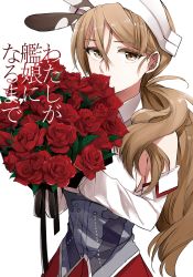 Rule 34 | 10s, 1girl, bare shoulders, bouquet, breasts, brown eyes, brown hair, detached sleeves, flower, hat, headdress, kantai collection, large breasts, littorio (kancolle), long hair, looking at viewer, matching hair/eyes, morinaga miki, necktie, pleated skirt, ponytail, red rose, rose, shirt, skirt, sleeveless, sleeveless shirt, solo, text focus, wavy hair