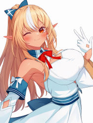 Rule 34 | 1girl, ;), absurdres, bare shoulders, blonde hair, blue bow, blush, bow, bowtie, breasts, dark-skinned female, dark skin, detached sleeves, dress, elf, gloves, hair bow, hand up, highres, hololive, large breasts, long hair, long sleeves, multicolored hair, one eye closed, pointy ears, ponytail, red bow, red bowtie, red eyes, shiranui flare, shiranui flare (1st costume), simple background, sleeveless, sleeveless dress, smile, solo, streaked hair, tang-du, upper body, virtual youtuber, w, white background, white dress, white gloves, white hair