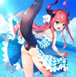 Rule 34 | 10s, 1girl, ass, bare shoulders, bikini, black bikini, blue eyes, blush, breasts, clothes lift, day, dragon girl, dragon horns, dragon tail, dress, dress lift, elizabeth bathory (fate), elizabeth bathory (fate/extra ccc), elizabeth bathory (fate/grand order), fang, fate/extra, fate/extra ccc, fate/grand order, fate (series), fisheye, from behind, hair between eyes, highres, horns, leaning, leaning forward, lifted by self, long hair, looking at viewer, looking back, ocean, open mouth, outdoors, panties, pink hair, pointy ears, sakurayume kome, shiny skin, sideboob, skirt hold, smile, solo, swimsuit, tail, thighs, underwear, v-shaped eyebrows, wading, water, wet