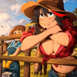 Rule 34 | 2girls, absurdres, animal, black hair, blue eyes, blush, breasts, brown hair, brown headwear, cleavage, closed mouth, commentary, dog, english commentary, front-tie top, guts (kill la kill), hat, highres, horse, implied bestiality, khyle., kill la kill, large breasts, looking up, mankanshoku mako, matoi ryuuko, medium hair, multicolored hair, multiple girls, navel, outdoors, plaid, plaid shirt, red hair, red shirt, shirt, short hair, short sleeves, stomach, straw hat, streaked hair, sun, tied shirt, two-tone hair