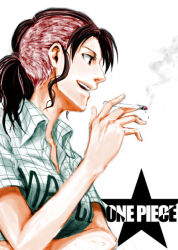 Rule 34 | 1girl, bellemere, cigarette, clothes writing, conomi islands, east blue, female focus, image sample, mohawk, multicolored hair, one piece, pink hair, pixiv sample, plaid, plaid shirt, ponytail, purple hair, resized, sawatari jun, shirt, simple background, smile, smoke, smoking, solo, star (symbol), text focus, two-tone hair, white background