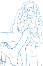 Rule 34 | 1girl, barefoot, breasts, cleavage, feet, foot focus, foreshortening, kasanui, lineart, long hair, maid, maid headdress, mayo chiki!, monochrome, naughty face, sitting, soles, solo, suzutsuki kanade, toes, twintails