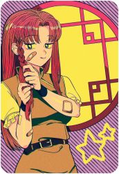 Rule 34 | 1980s (style), 1990s (style), 1girl, bad id, bad twitter id, bandaid, bandaid on arm, bandaid on cheek, bandaid on face, belt, black belt, blue eyes, braid, chinese clothes, dress, earrings, green dress, highres, hong meiling, jewelry, long hair, oldschool, parted bangs, puffy short sleeves, puffy sleeves, red hair, retro artstyle, round window, shirt, short sleeves, sibata maru, side braid, single braid, star (symbol), tongue, tongue out, touhou, upper body, white shirt, window