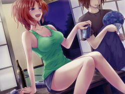 Rule 34 | 1boy, 1girl, alcohol, arm support, bare legs, beer, blue eyes, blush, bottle, breasts, brown hair, can, collarbone, drunk, hand fan, goromu, head out of frame, open mouth, orange hair, original, paper fan, porch, shorts, sitting, tank top, uchiwa, veranda