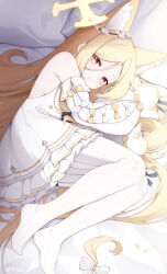 Rule 34 | 1girl, absurdres, animal ear fluff, animal ears, bare shoulders, blonde hair, blue archive, bow, closed mouth, detached sleeves, dress, flower, hair between eyes, hair flower, hair ornament, halo, highres, long hair, looking at viewer, lying, on side, pantyhose, poinia, seia (blue archive), smile, solo, striped clothes, striped pantyhose, twitter username, vertical-striped clothes, vertical-striped pantyhose, white bow, white dress, white pantyhose, white sleeves, yellow bow, yellow eyes, yellow halo