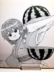 Rule 34 | 1girl, commentary request, drill hair, drill sidelocks, fins, food, fruit, greyscale, head fins, highres, japanese clothes, kimono, long sleeves, looking at viewer, monochrome, open mouth, poronegi, sash, sidelocks, solo, touhou, traditional media, upper body, wakasagihime, watermelon