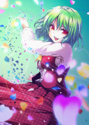 Rule 34 | 1girl, ascot, dot r, female focus, green hair, kazami yuuka, long sleeves, looking at viewer, open clothes, open mouth, open vest, petals, red eyes, shirt, skirt, skirt set, smile, solo, touhou, unmoving pattern, vest