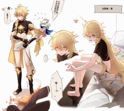 Rule 34 | 1boy, 1girl, absurdres, aether (genshin impact), barefoot, bed, blonde hair, boots, braid, brown shirt, cat, chinese text, clothes theft, crop top, dress, feet, genshin impact, gloves, hair between eyes, hair ornament, halo, highres, lacusblade, long hair, navel, no pants, o o, open mouth, paimon (genshin impact), pillow, pulling, scarf, shirt, shoes, speech bubble, stomach, theft, translation request, white hair, yellow eyes