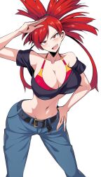 Rule 34 | 1girl, arm above head, breasts, cleavage, creatures (company), cropped, denim, flannery (pokemon), game freak, hand on own head, hand on own hip, highres, jeans, large breasts, leaning forward, legs, looking at viewer, midriff, navel, nintendo, pants, pokemon, pokemon oras, ponytail, red eyes, red hair, shimure (460), smile, solo, thighs, third-party edit
